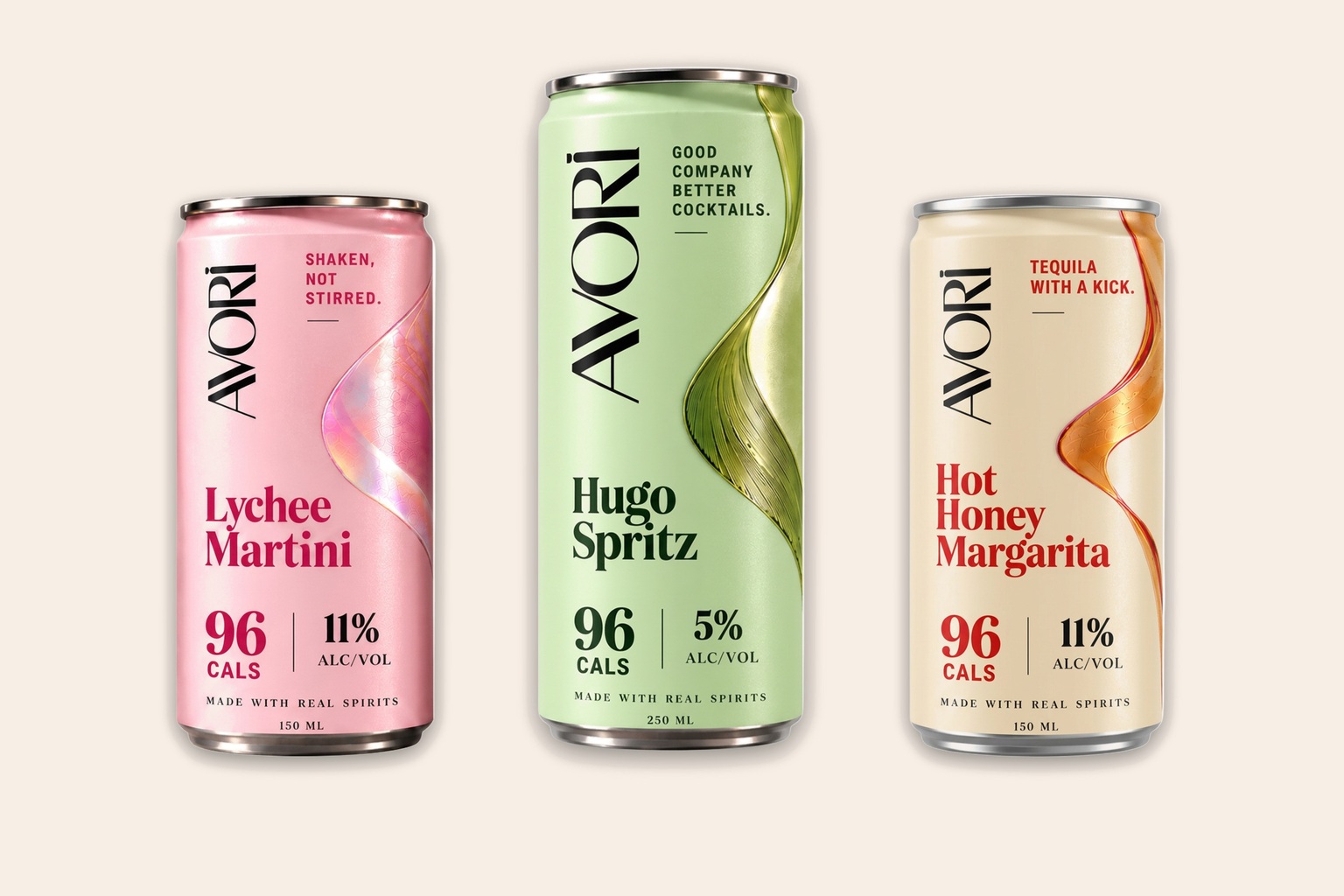 Three Avori cocktail cans: Lychee Martini, Hot Honey Margarita and Hugo Spritz