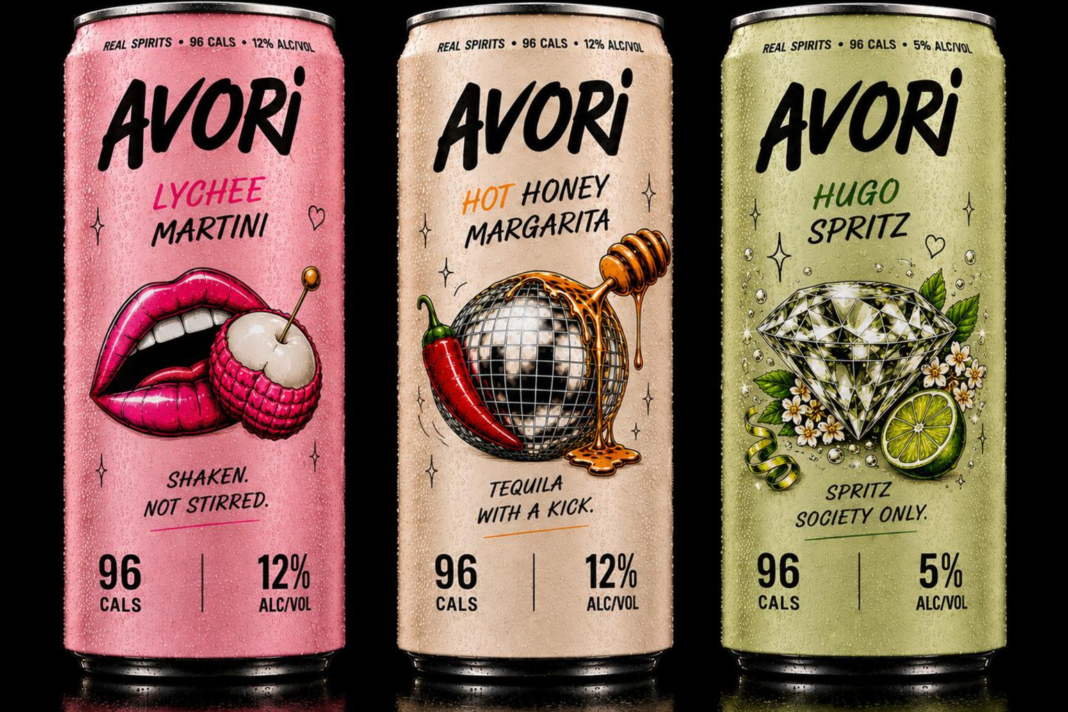 Three Avori cocktail cans: Lychee Martini, Hot Honey Margarita and Hugo Spritz